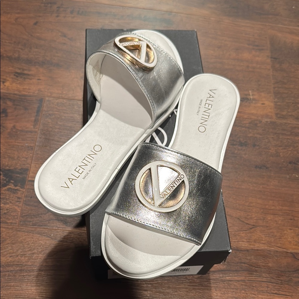 Valentino Silver and White Sandals with Padded Strap